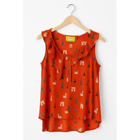 Maeve Anthropologie Aurelie Landmarks Sleeveless Ruffle Blouse Orange Size 8P - Picture 2 of 9